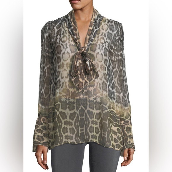 Equipment Animal Print Sheer Silk Blouse with Neck Tie Black, Gray, Tan, Small - Picture 3 of 3